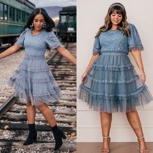 NWT JessaKae Harper Periwinkle Blue Lace Tiered Short Sleeve Dress (Orig $178)